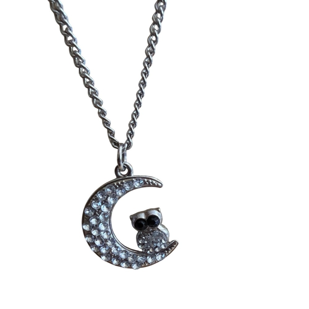 Silver Tone Rhinestone Crescent Moon Owl Pendant Necklace Layering Novelty